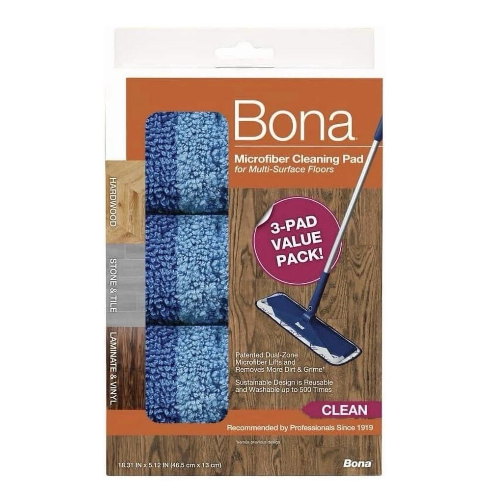 Bona Cleaning Microfiber Mop Pad Blue - Pack of 3 | 1017667 (5.12 x 18.31 in.)